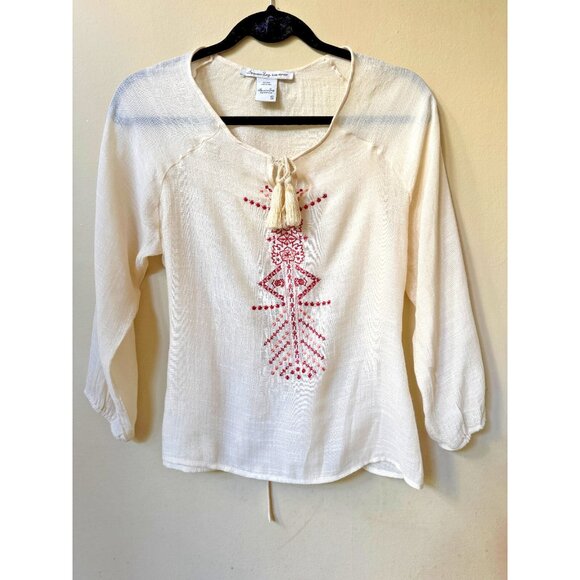 American Rag Women's Sheer Western Aztec Sz S Boho Embroider Top Peasant Hippie - Picture 1 of 15